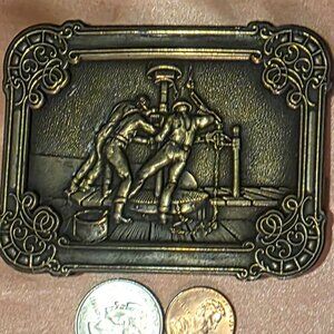 Vintage Metal Belt Buckle, Thick Heavy Brass, Oil Workers, Drilling, Petroleum